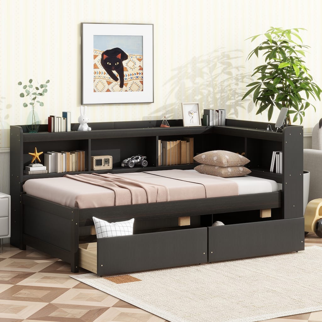 Wooden Platform Sofa Bed Frame with L Shaped Bookcase and Charging Station, Living Room Corner Daybed with 2 Storage Drawers