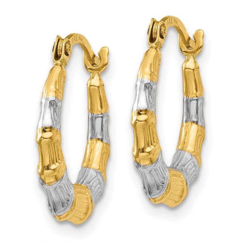 Curata 14k Yellow Gold and Rhodium 3x14mm Bamboo Hoop Earrings