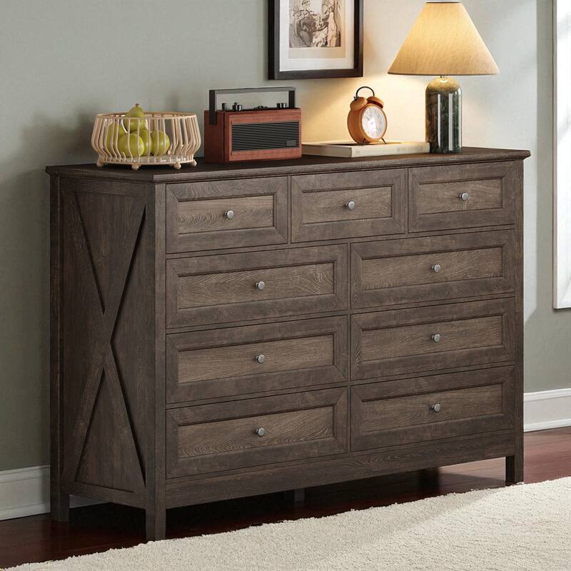 Rustic Wood 9-Drawer Dresser, Pine & MDF Chest with Silver Handles, Storage Organizer for Bedroom