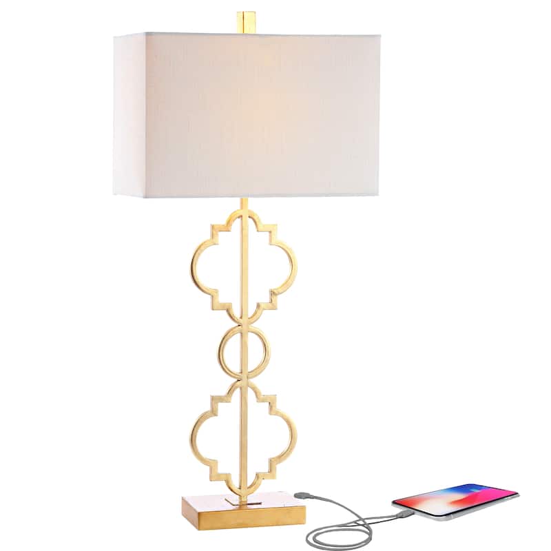 Miami 32" Iron Ogee Trellis Modern LED USB Table Lamp, Gold by JONATHAN Y
