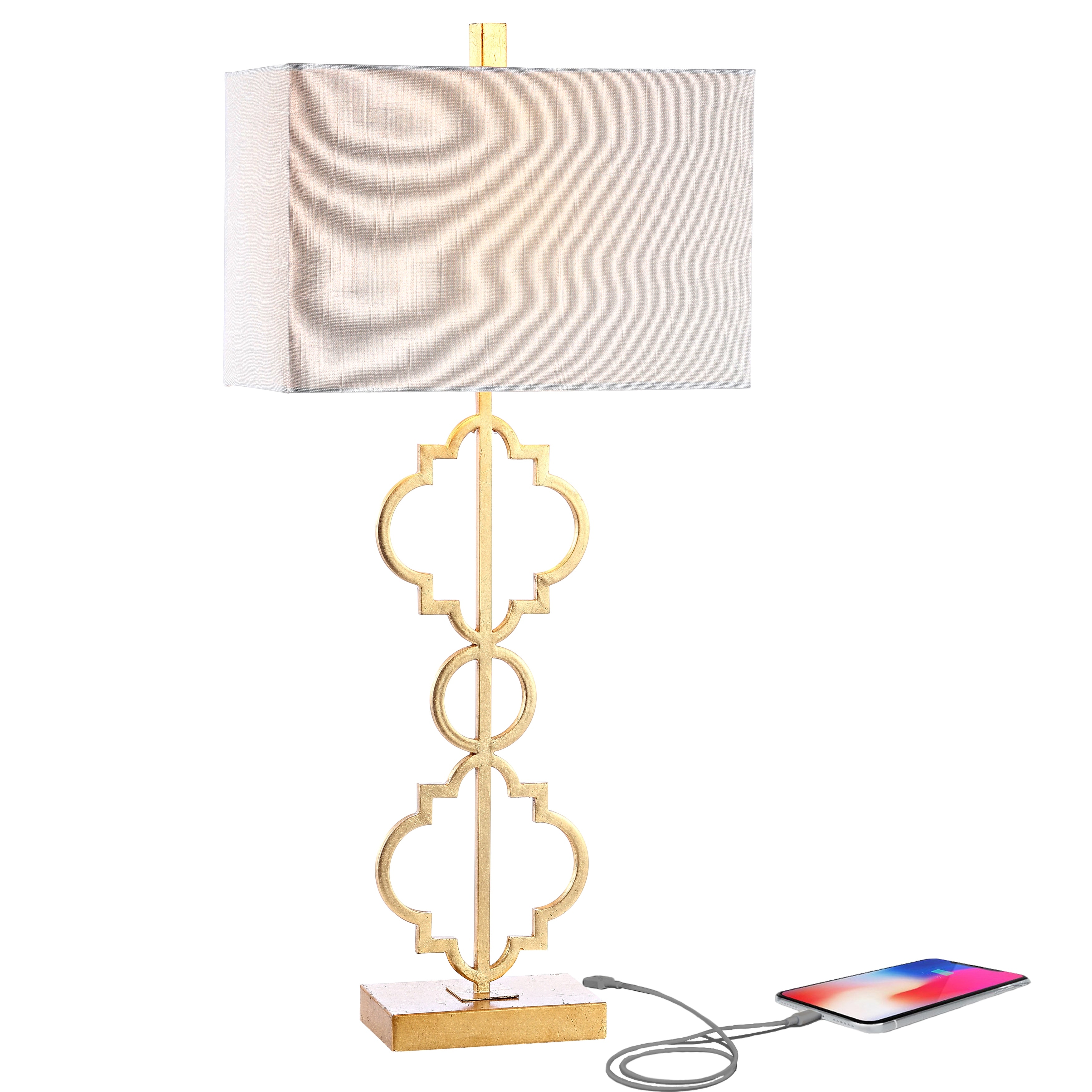 JONATHAN Y Miami 32" Iron Ogee Trellis Modern LED USB Table Lamp, Gold