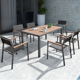 HIGOLD Auto 7 Pieces Outdoor Dining Set, Powder Coated Aluminum Black, Imitated Wood Tabletop