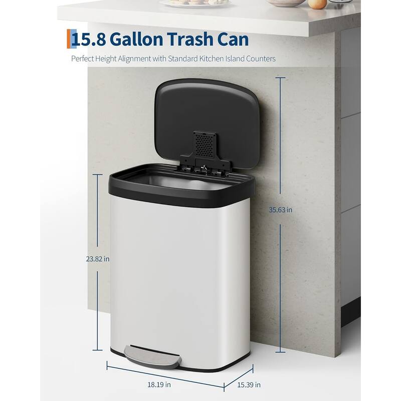16 Gallon / 60 Liter Stainless Steel Trash Can,For Office, Bathroom, Dining Room