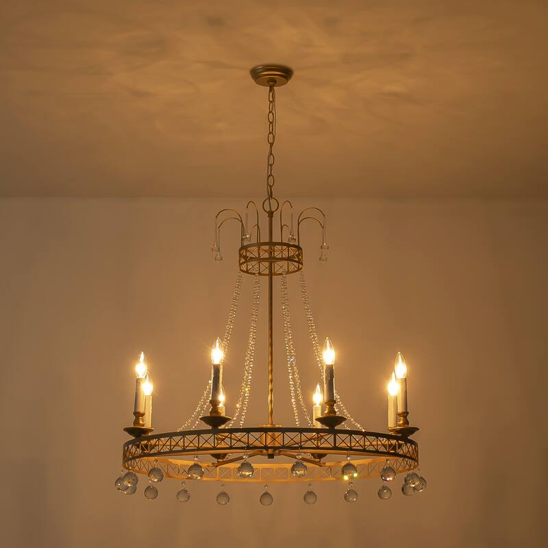 8-Light Glam Modern Wagon Wheel Gold Crystal Chandelier with Crystal Beads - 33.4 in. W x 33.8 in. H