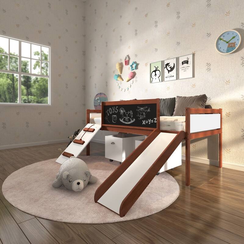 Junior Twin Low Loft with Slide & Chalkboard in Espresso