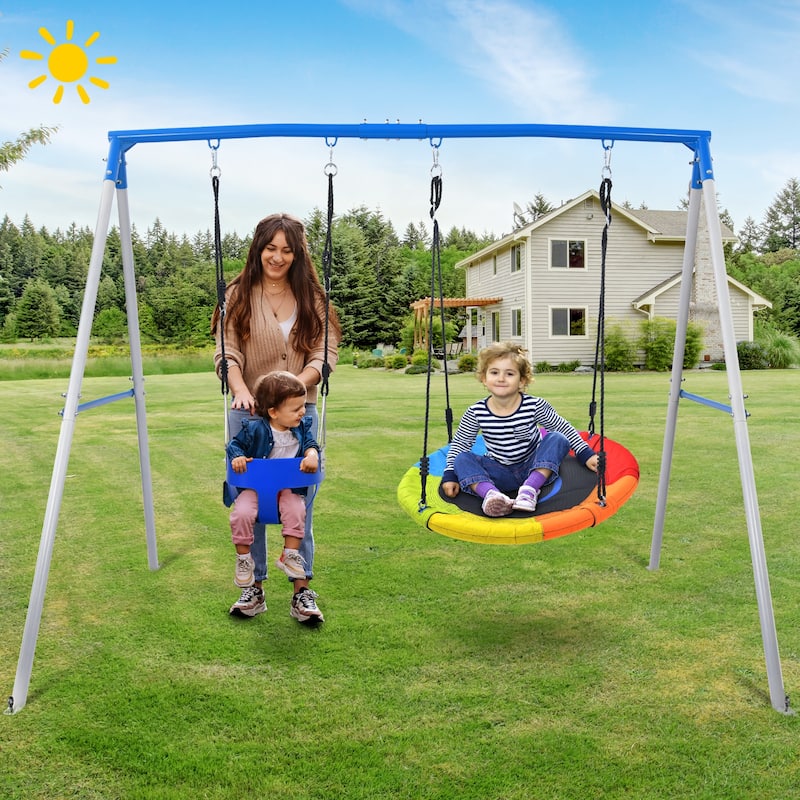 Heavy Duty A-Frame Metal Swing Set for Backyard with Toddler Swing, Saucer Swing for Kids