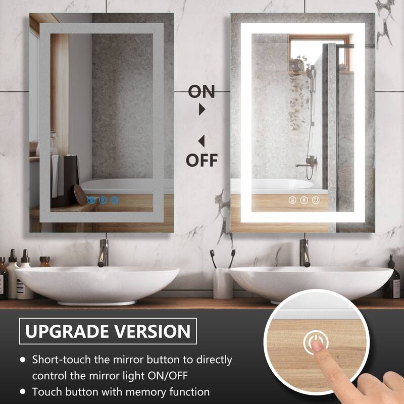 LED Bathroom Vanity Mirror Wall Mounted Dimmable Anti-Fog Mirror with 3 Buttons Vertical & Horizontal Hang