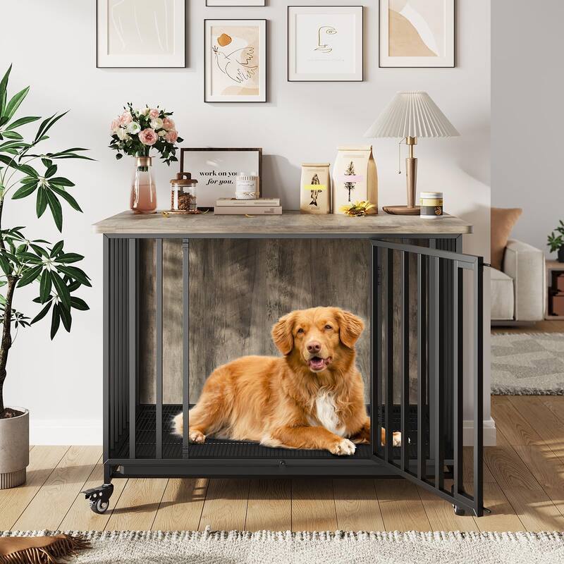 Dog Crate Furniture, 39 Inch Rolling Indoor Dog Crate with Potty Tray