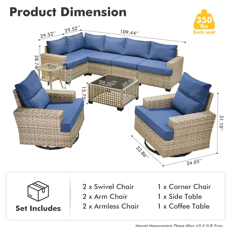 OVIOS 9 Pieces T shaped Seat Wide Armrest Swivel Chair Set With Solar-Powered Table
