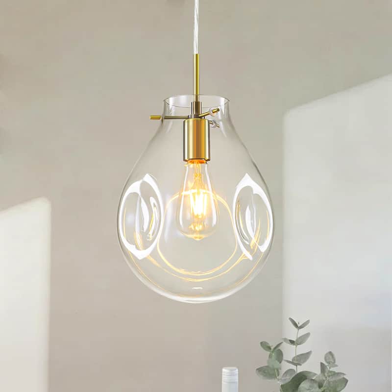 1-Light Unique Antique Bronze Teardrop Design Adjustable Pendant Light with Hand-Blown Blue Glass for Kitchen Island