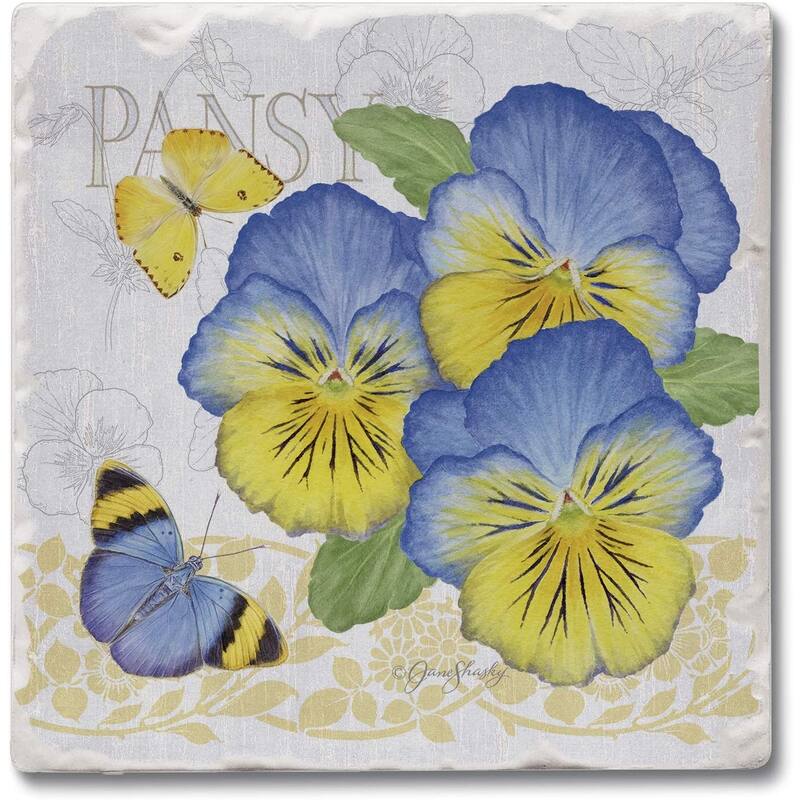 Absorbent Stone Beverage Coasters - Set of 4 - Pansies - Multi-152