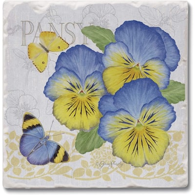 Absorbent Stone Beverage Coasters - Set of 4 - Pansies - Multi-152