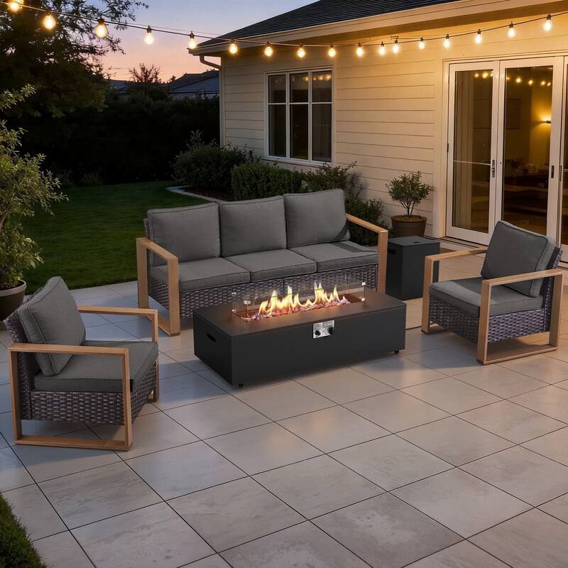 Meyreso Wicker Patio Conversation Set with Metal Fire Pit Table & 4.5-Inch Olefin Cushions - Brown / Gray Cushions - 4-Piece