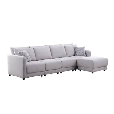 Penelope Light Gray Linen Fabric 4-Seater Sofa with Ottoman & Pillows