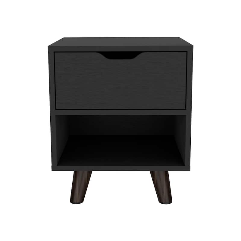 Contemporary Nightstand with Drawer & Open Shelf, Wooden Legs & Modern Design