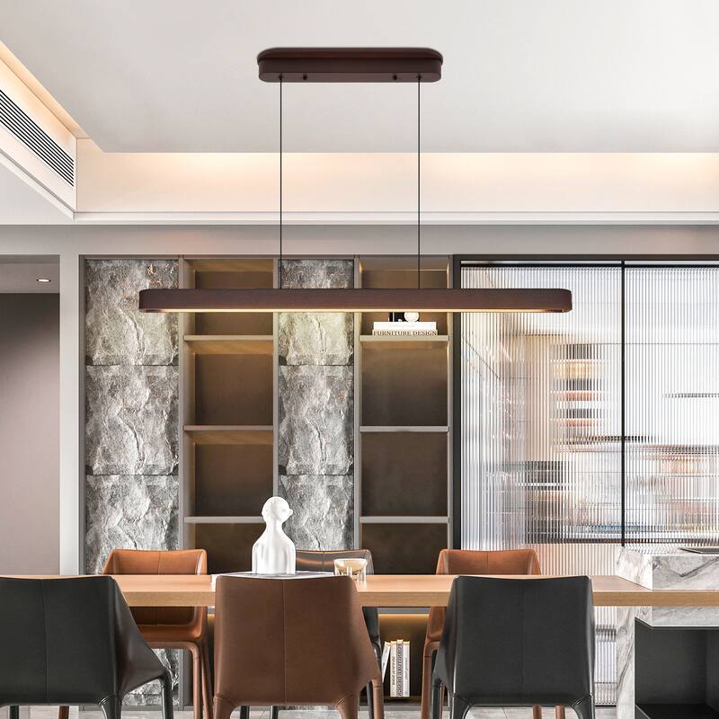 39-inch Walnut Wood Modern LED Pendant Light, Adjustable Hanging Light for Dining Room, Kitchen, Living Room