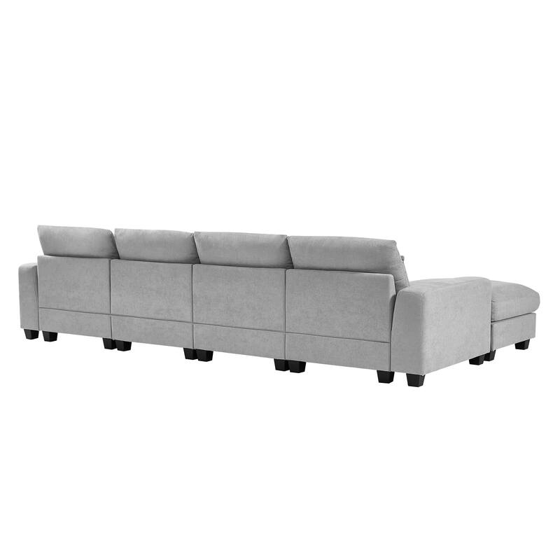 129.9" Chenille L-Shape Sectional Sofa with Reversible Chaise, Feather-Filled Cushions and Spring Support