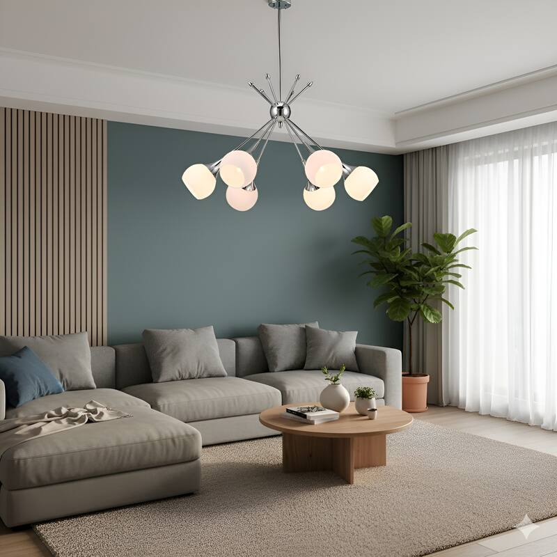 Six-Arm Celestial Wrought Iron & Blown Glass Oil Rod Pendant - Chrome