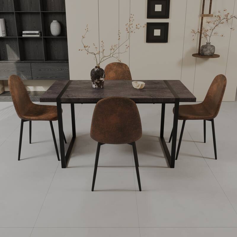 Modern Style 5-Piece Dining Set with Rectangular Wooden Kitchen Table and 4 Round Corner Suede Dining Chairs