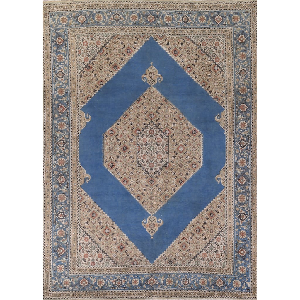 Blue Geometric Tabriz Persian Vintage Area Rug Handmade Wool Carpet - 9'7" x 12'10"