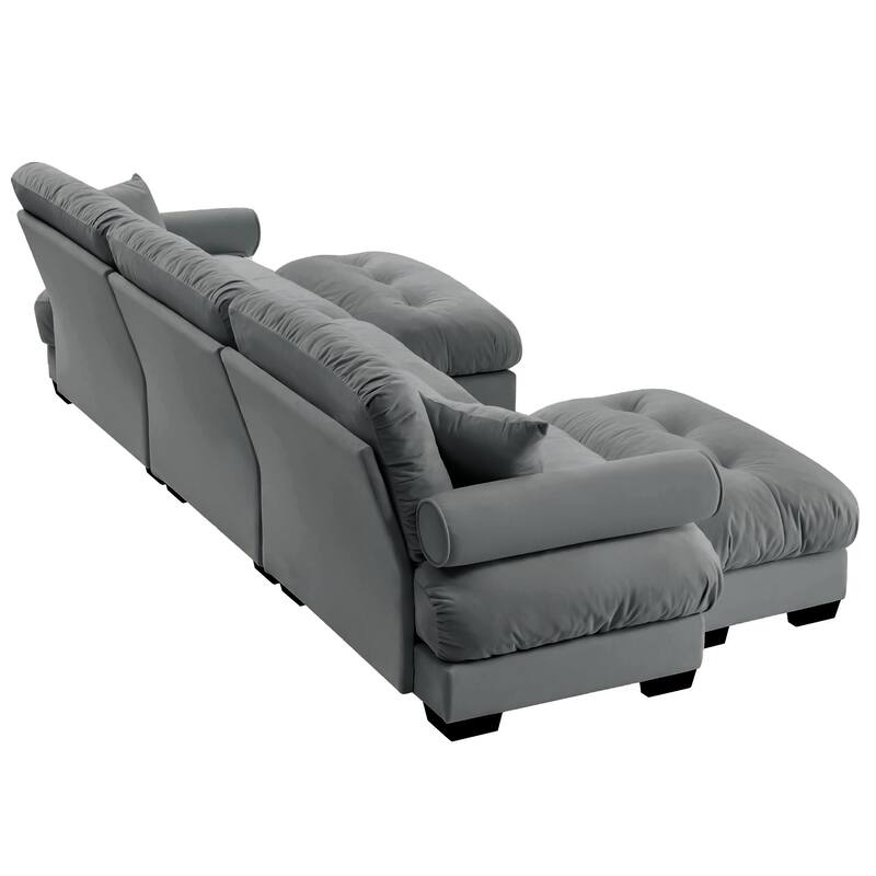 GDFStudio - Thalassia Velvet 3-Seater Sofa and Dual Movable Ottomans With Pillows