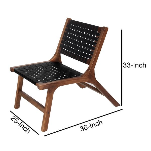 Mid Century Solid Wood Accent Chair with Woven Leather Seat, Dark Brown ...