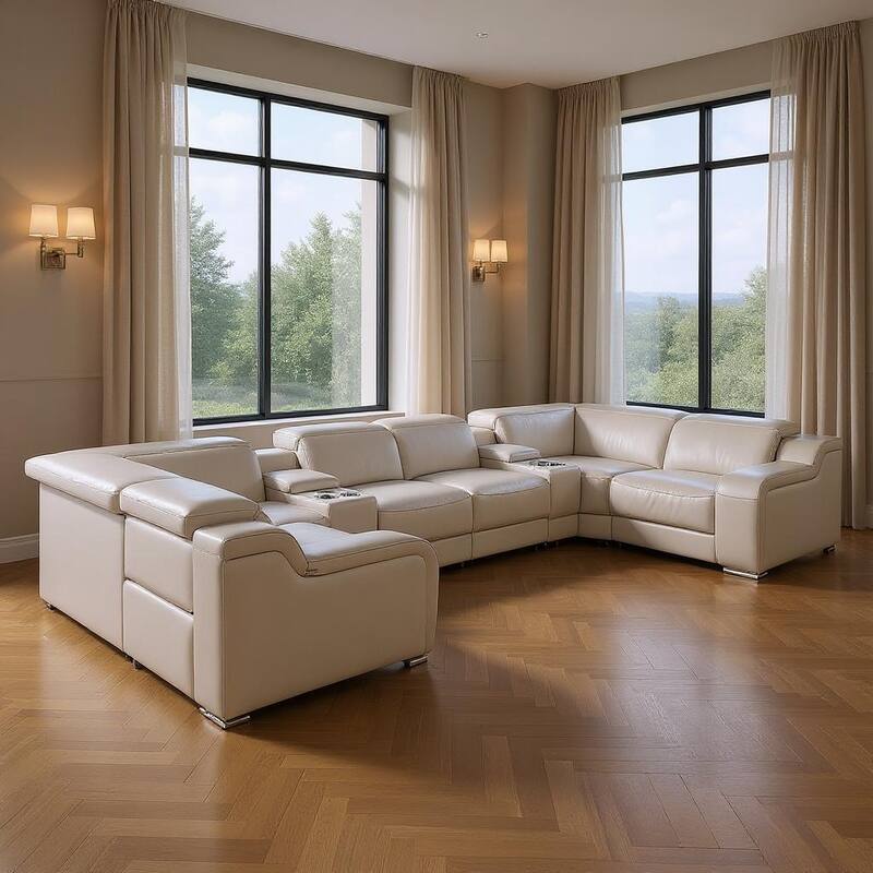 HomeRoots Light Gray Italian Leather Power Reclining U Shaped Eight Piece Corner Sectional With Console - Symmetrical - Light Gray