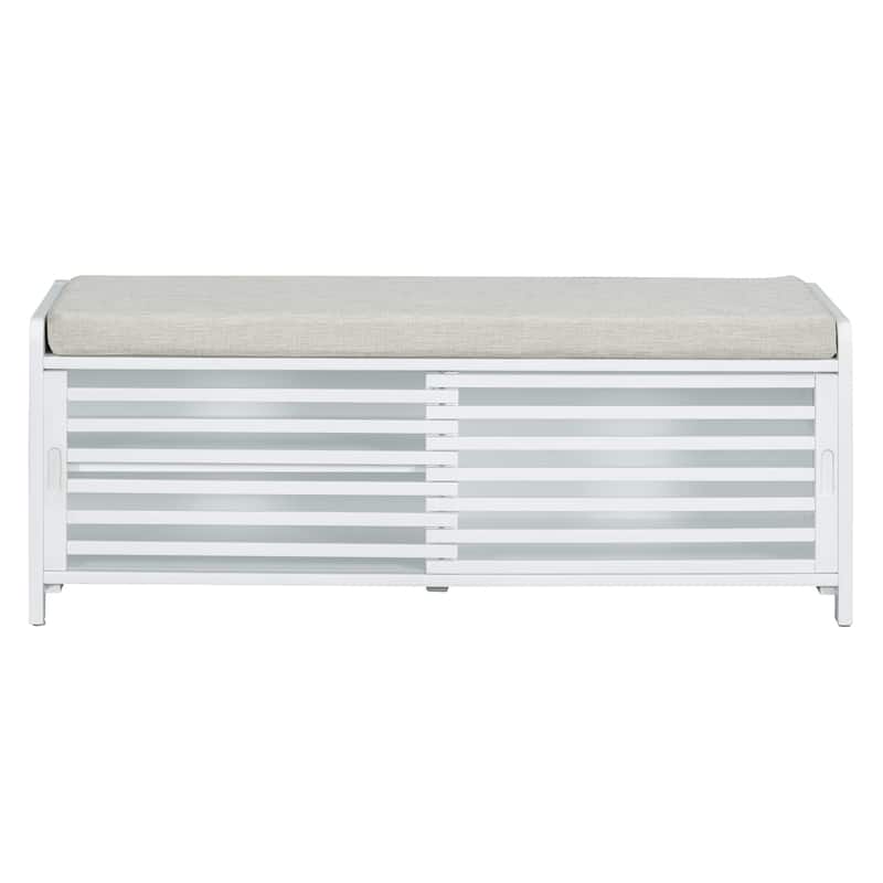 Shoe Storage Bench with Padded Seat Cushion and 2 Sliding Distressed Shutter Doors, Entryway Shoes Bench Storage Ottoman