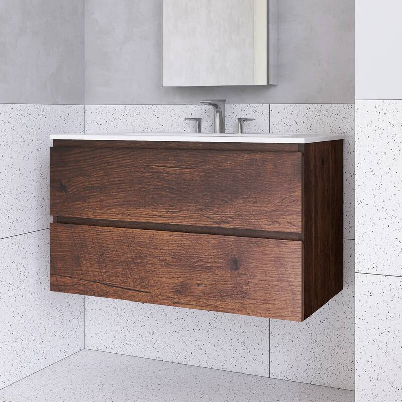 Floating Integrated Bathroom Vanity with Ceramic Sink, Three Faucet Holes