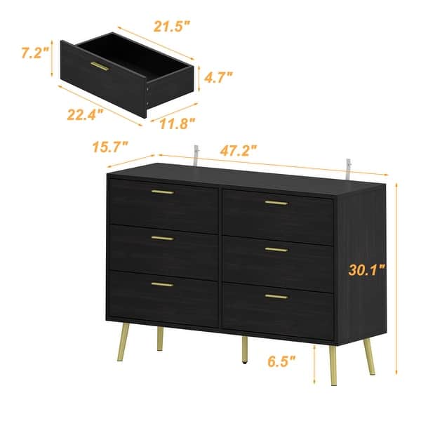 dimension image slide 1 of 2, Modern 6-Drawer Dresser with Gold Legs and Handles, 47.2" Wide Mid-Century Bedroom Dresser Chest