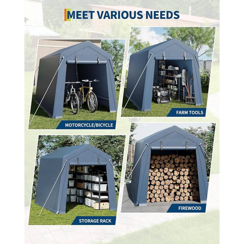 Outdoor Storage Shed, Portable Carport with Roll-Up Ventilated Zipper Door and Windows, Heavy Duty Waterproof Tarp