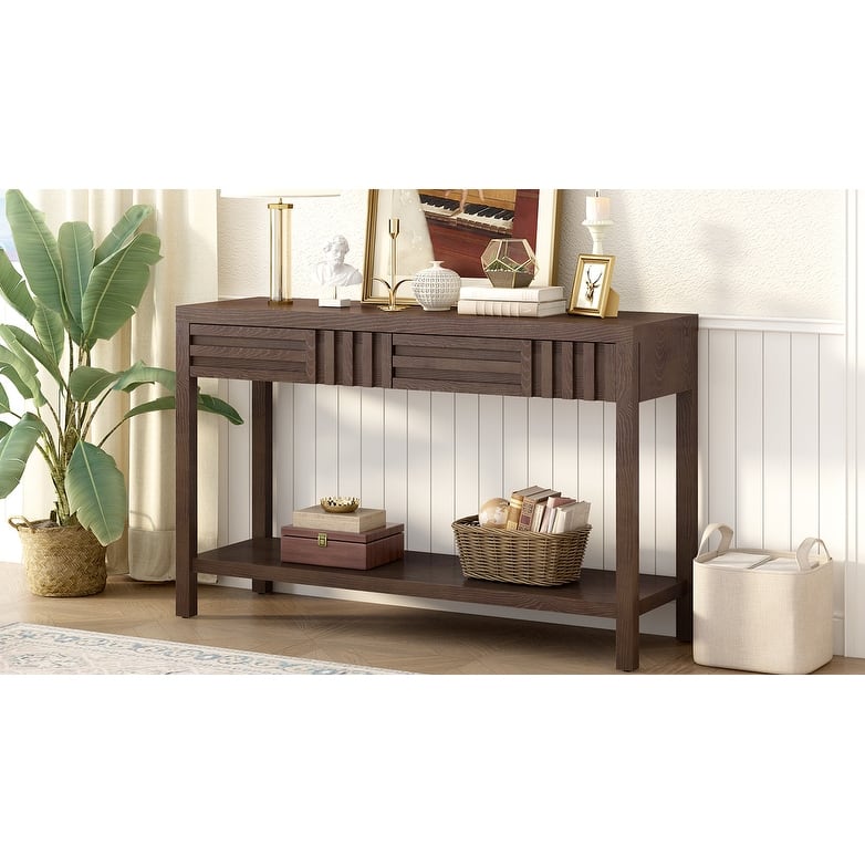 Wooden Console Table, Hallway Tables with 2 Drawers and Open Shelf