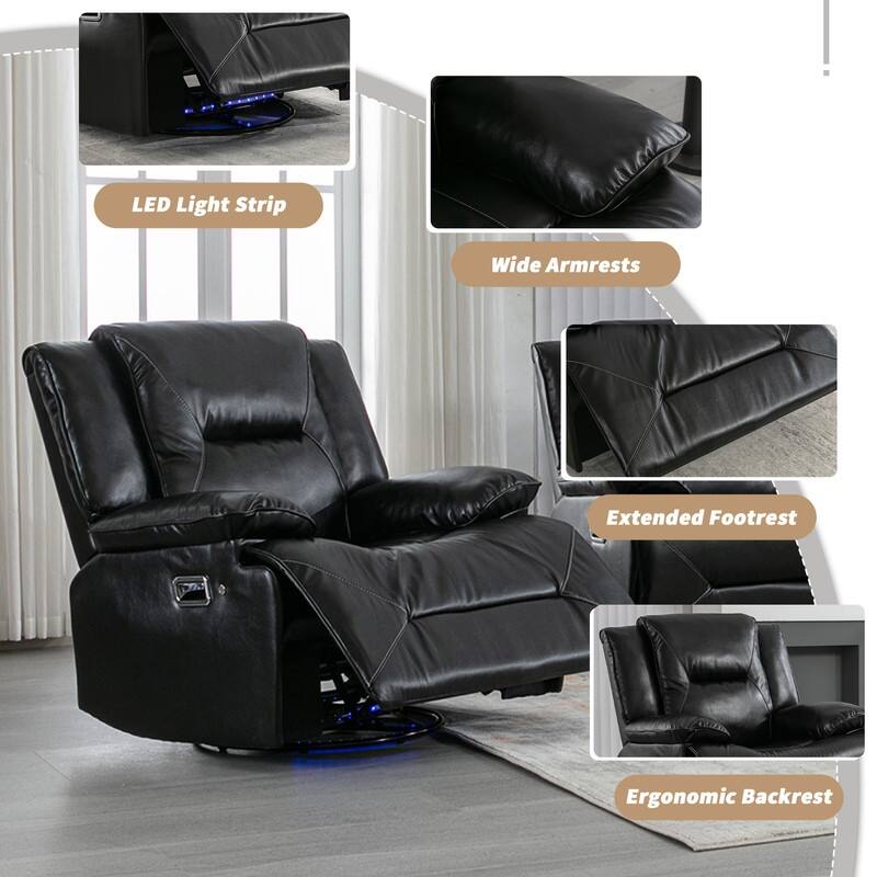 Overstuffed 360° Swivel Recliner Chairs with LED Light Strip,PU Leather Manual Recliner Chair