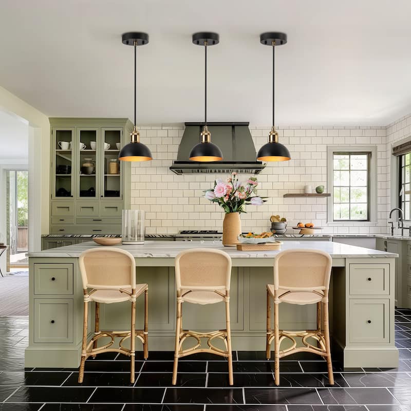 Modern Industrial 1-Light (6 Inch) Dome Black Gold Metal Pendant Light for Kitchen Island - 6" D x 6'' H