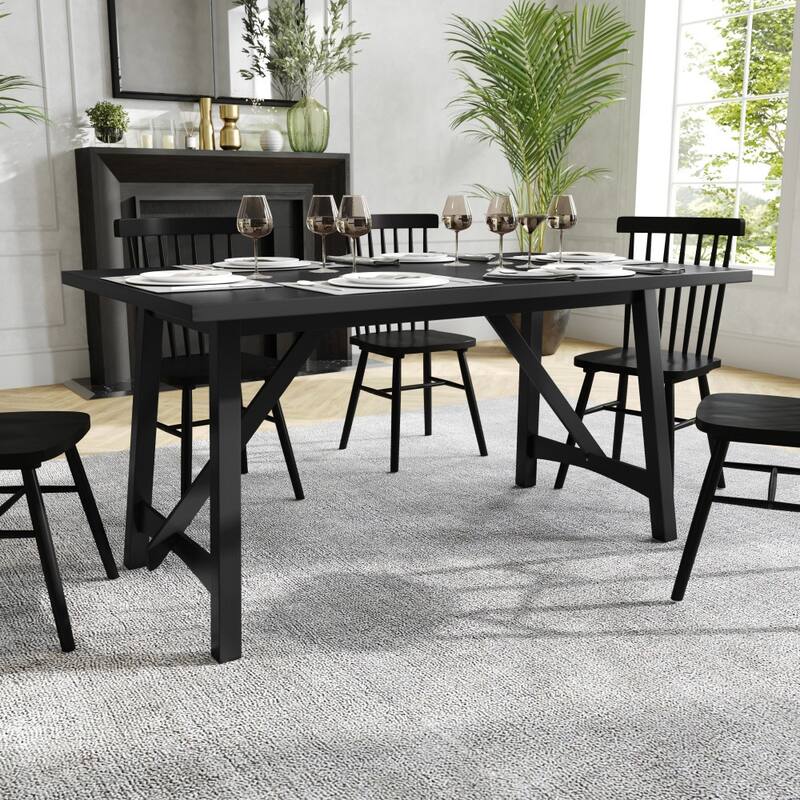 Solid Wood Commercial Grade Trestle Base Dining Table - Black Matte