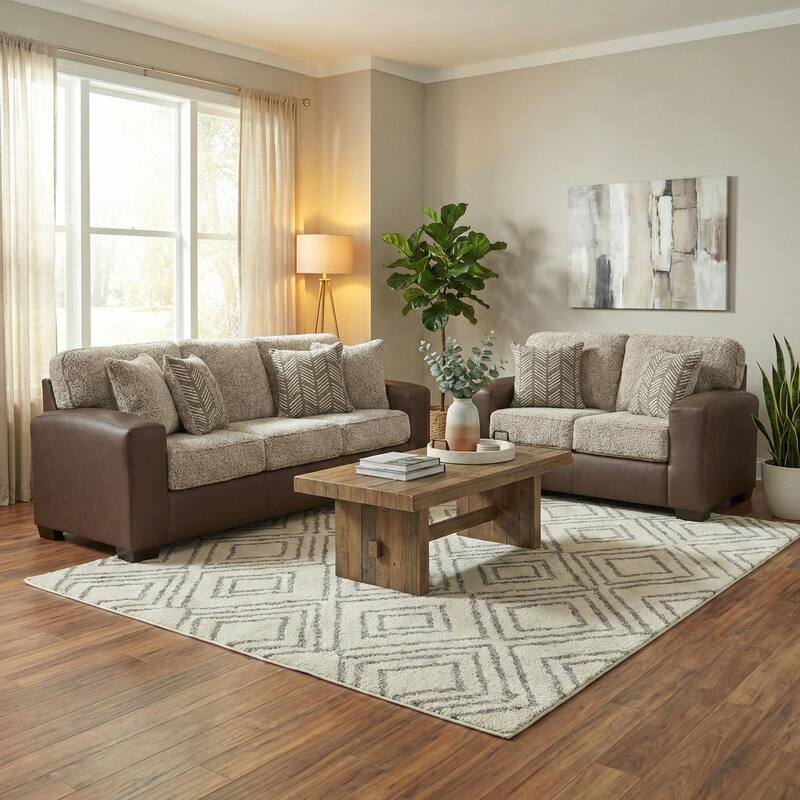 Roundhill Furniture Marvella 3-Piece Living Room Set, Chocolate Faux Leather and Curly Shearling Upholstery