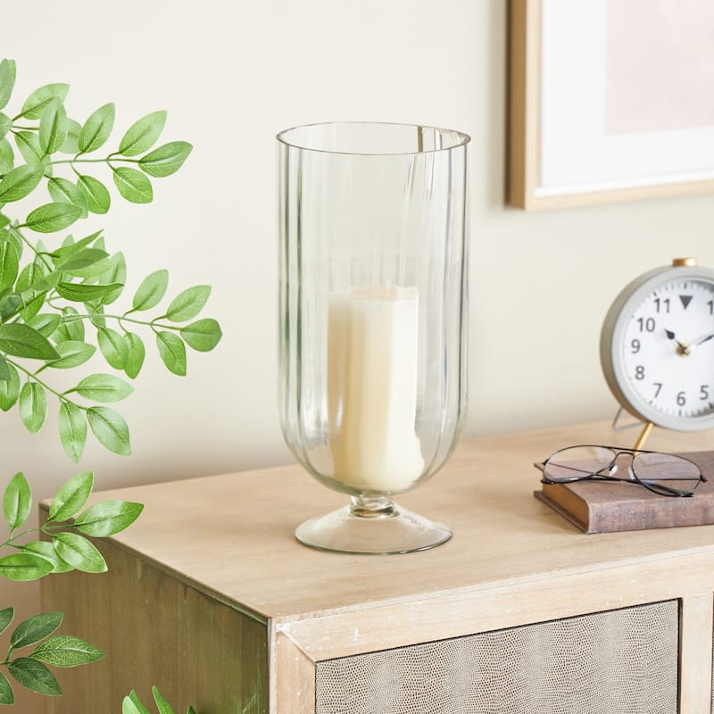 Glass Ribbed Fluted Candle Holder with Elevated Base - Clear - Roche River Decor - 6"W x 6"L x 13"H