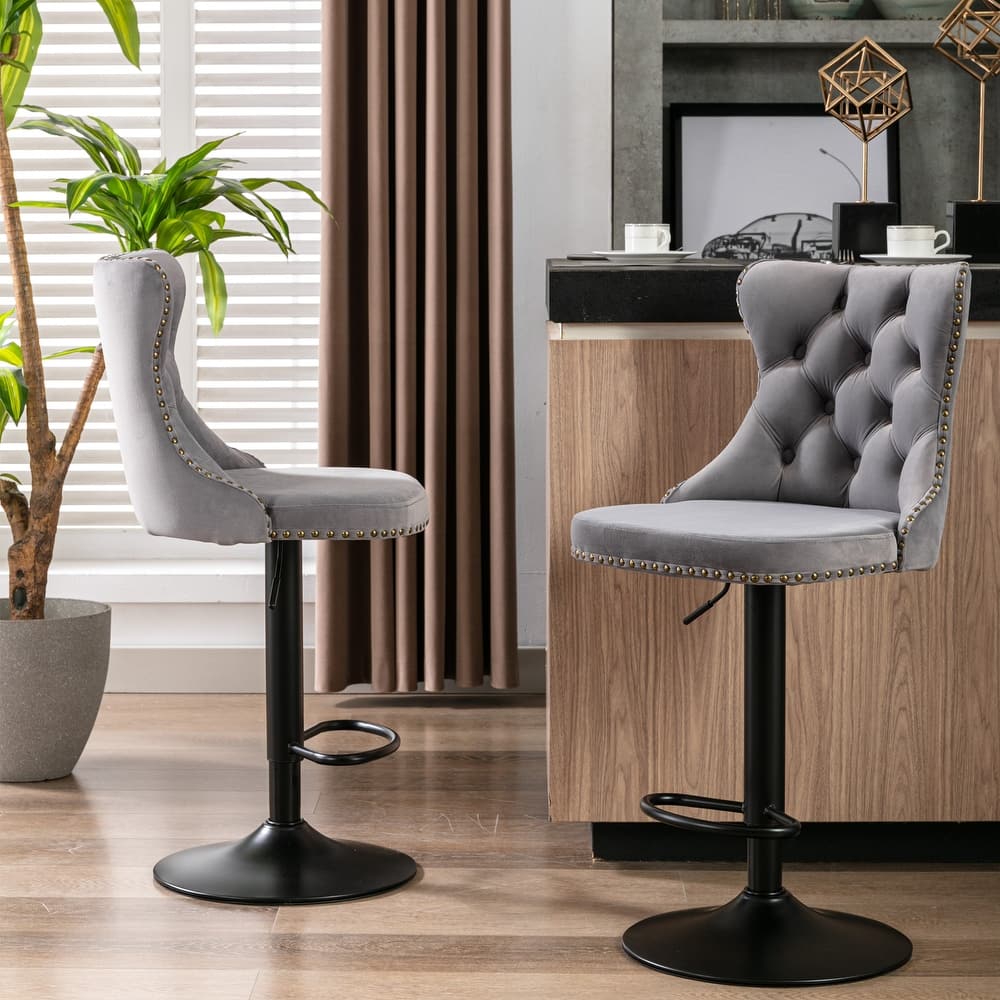 Velvet Swivel Bar Stools Set of 2, Upholstered Bar Stools with Adjusatble Height, Kitchen Island Stools with Tufted Backrest