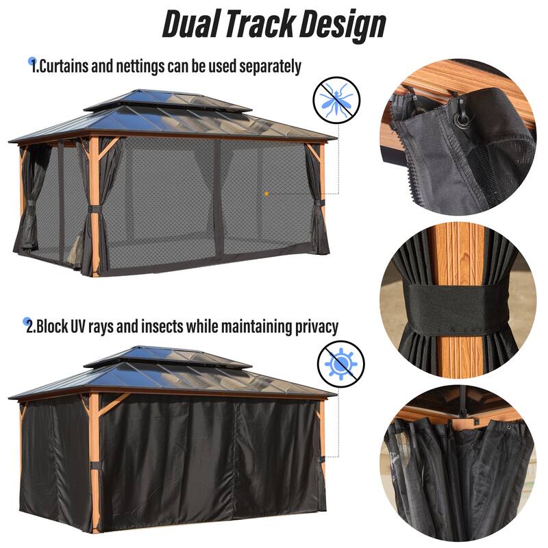 EROMMY Outdoor Wood Gazebo with Double Polycarbonate Roof, Heavy Duty Backyard Patio Pergola Canopy for Garden Shade