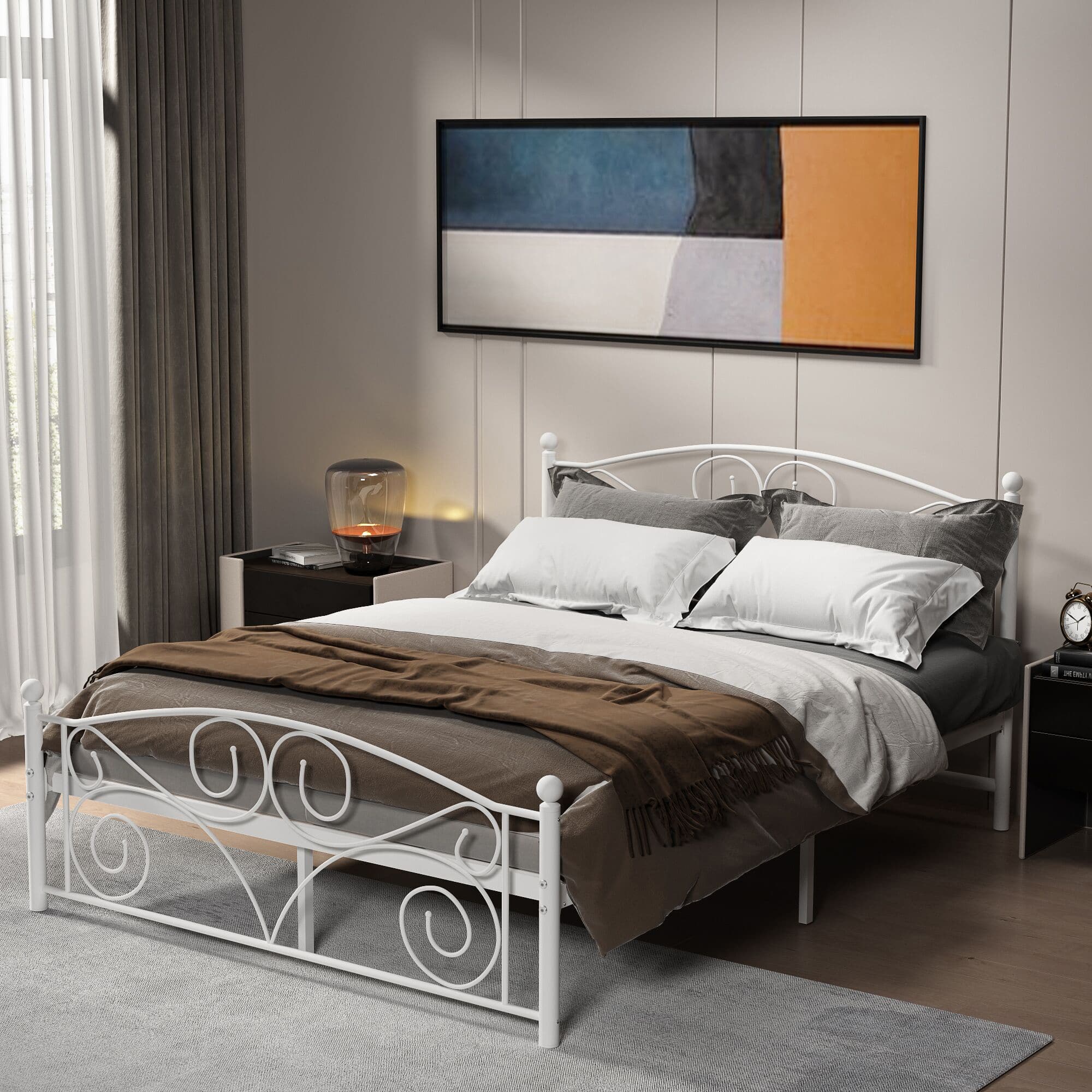 Queen Size Unique Flower Sturdy System Metal Bed Frame with Headboard