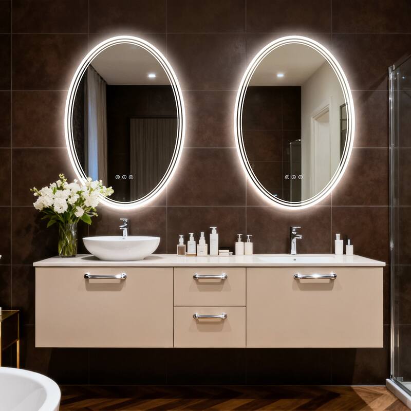 UL Certified Oval LED Bathroom wall Mirror, Anti-fog, 3-Color Dimmable