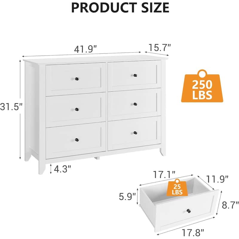 6 Drawer Dresser for Bedroom, Wooden Chest with Deep Drawers and Metal Knobs for Entryway, Hallway, or Kids Room