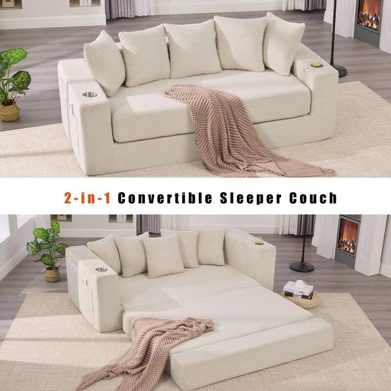 2-in-1 Convertible Sleeper Sofa, Floor Folding Couch, Sofa Bed with Side Pocket, Pull Out Loveseat with Cup Holders