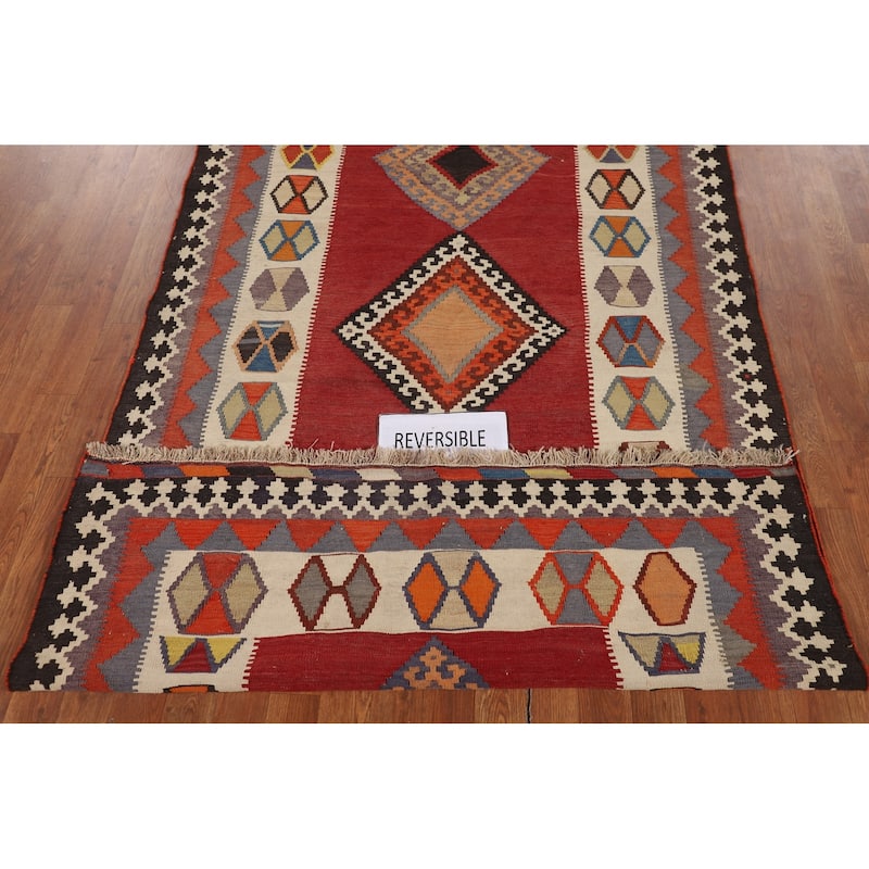 Kilim Qashqai Persian Vintage Rug Flatweave Tribal Red Wool Carpet - 4'5"x 8'1"