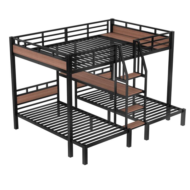 1+2 Sleeping Layout, Triple Bunk Bed for Multi Children with Stairs and Shelf, Queen Over Twin Over Twin Metal Bed Frame