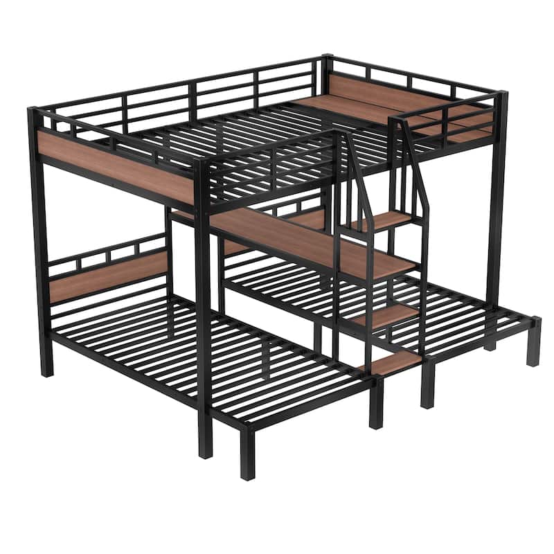 Queen Over Twin Over Twin Metal Bunk Bed ,Triple Metal Bunk Bed With Storage Shelves And Storage Stairs,Black