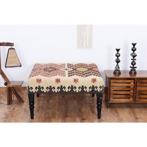 Handmade Kilim Upholstered Ottoman (India) - 39" L x 39" W x 16" H