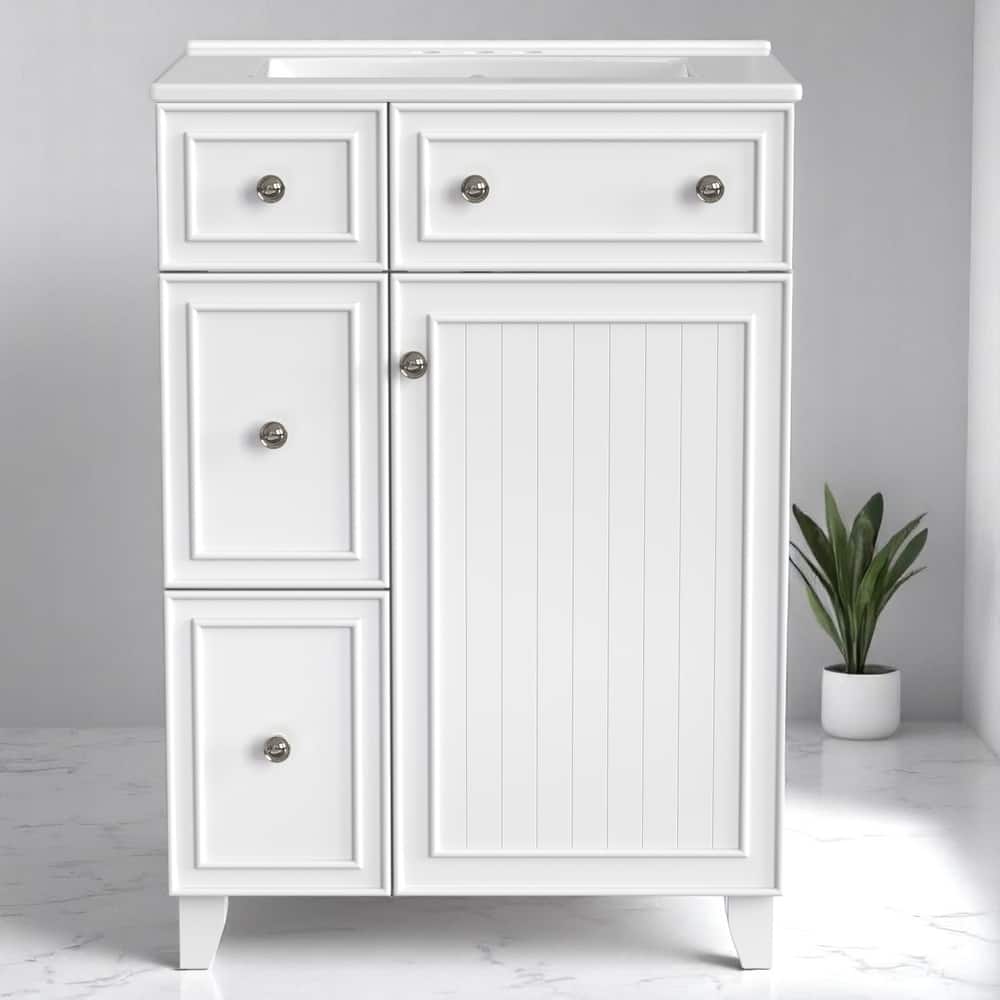 24" Bathroom Vanity with Ceramic Sink, 2 Drawers, Soft-Close Door, Freestanding Cabinet for Small Spaces, MDF and Wood