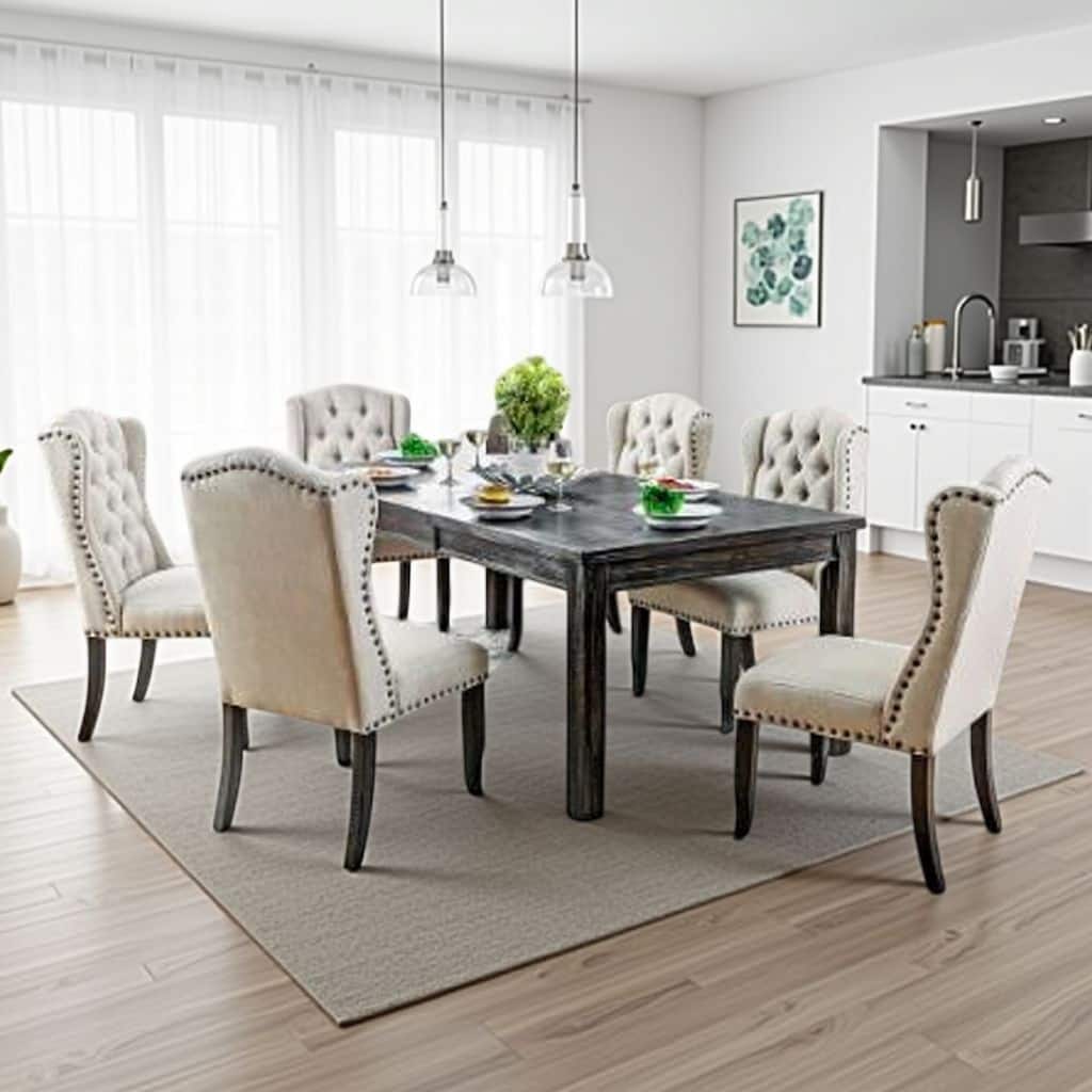 Bega 7pc Dining Table and Wingback Chair Set, Beige Linen, Black Wood