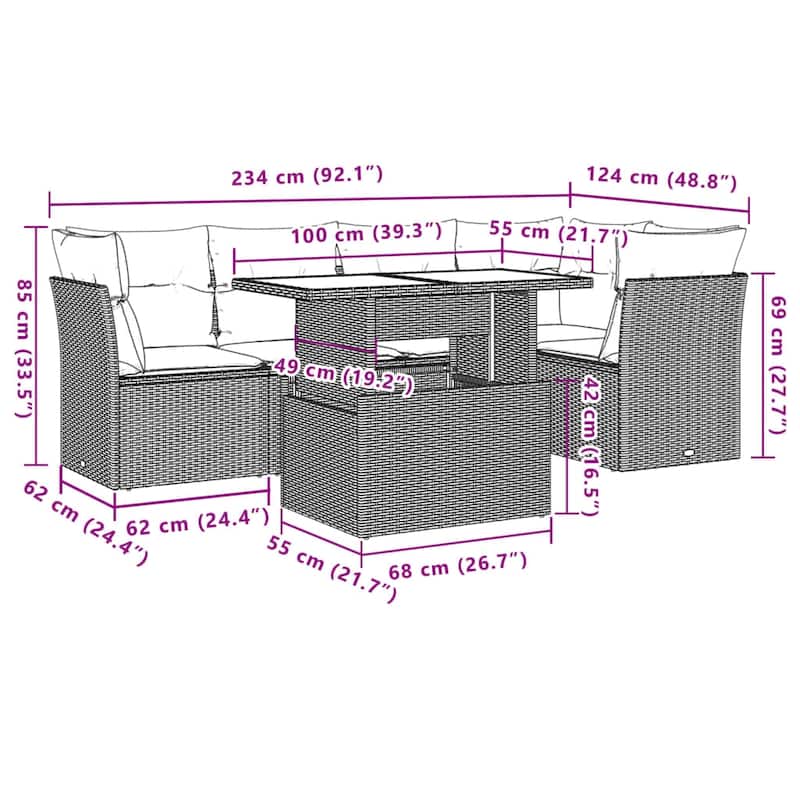 6-Piece Modular Outdoor Sofa Set - 21.7 x 39.4 x 28.7 in